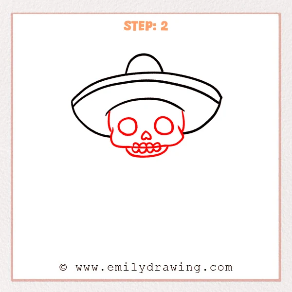 how to draw a day of the dead - Day of the Dead Step 2 showing a skull face beneath the wide hat
