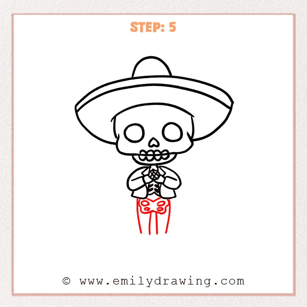 how to draw a day of the dead - Day of the Dead Step 5 showing a decorated pelvis shape and two long legs