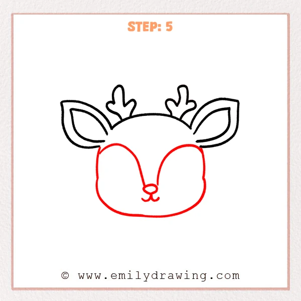 how to draw a deer head - Deer head Step 5 showing rounded cheeks, face markings, an oval nose, and mouth