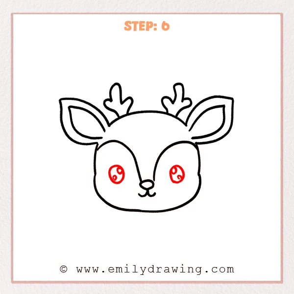 how to draw a deer head - Deer head Step 6 showing two large sparkling eyes completing the face