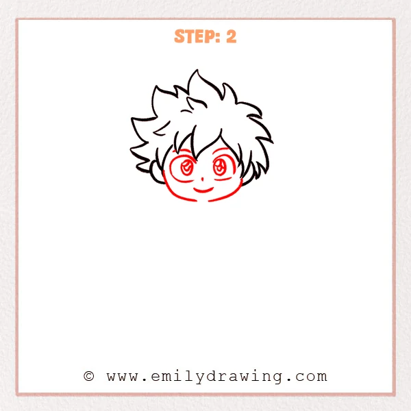 how to draw a deku - Deku Step 2 showing a rounded face with large detailed eyes and a smile
