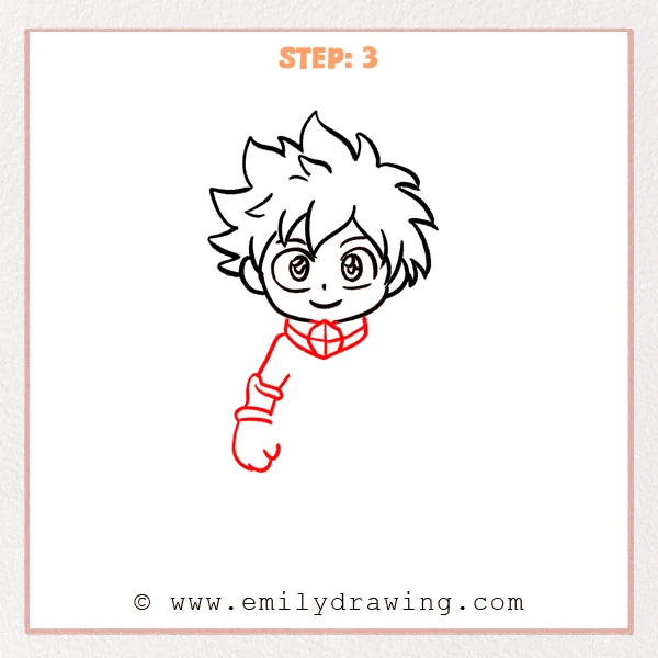 how to draw a deku - Deku Step 3 showing the hero collar and one sleeved arm with a glove