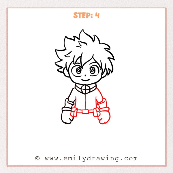 how to draw a deku - Deku Step 4 showing the jacket, utility belt, both arms, and gloves