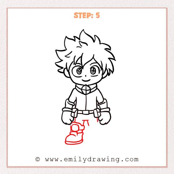 how to draw a deku - Deku Step 5 showing the left leg with a knee pad and large boot