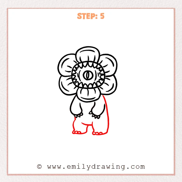 how to draw a demogorgon - Demogorgon Step 5 showing a compact body, two legs, and rounded toes