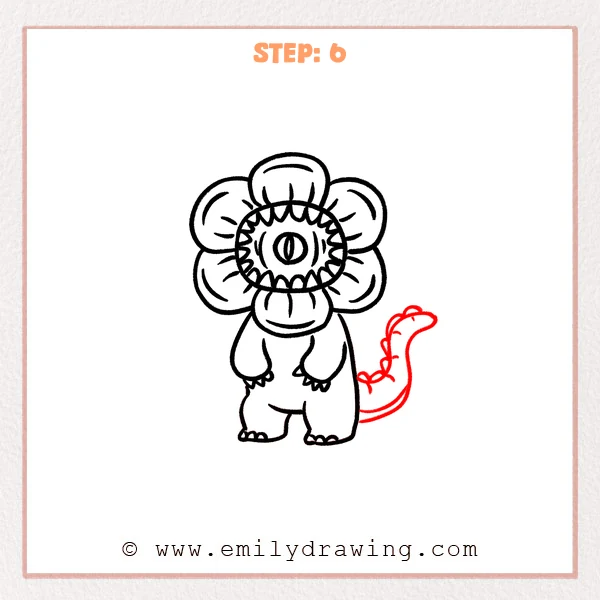 how to draw a demogorgon - Demogorgon Step 6 showing a thick upward-curving tail with small spikes