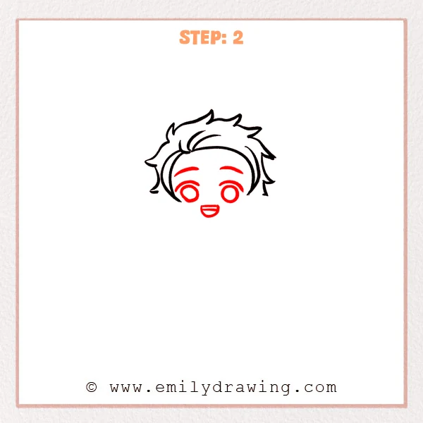 how to draw a demon slayer - Demon Slayer Step 2 showing round eyes, eyebrows, and an open smile
