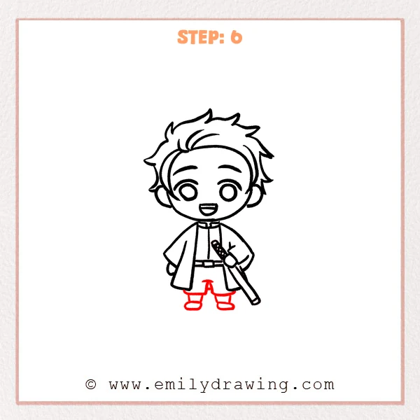 how to draw a demon slayer - Demon Slayer Step 6 showing short trousers, wrapped legs, and two shoes
