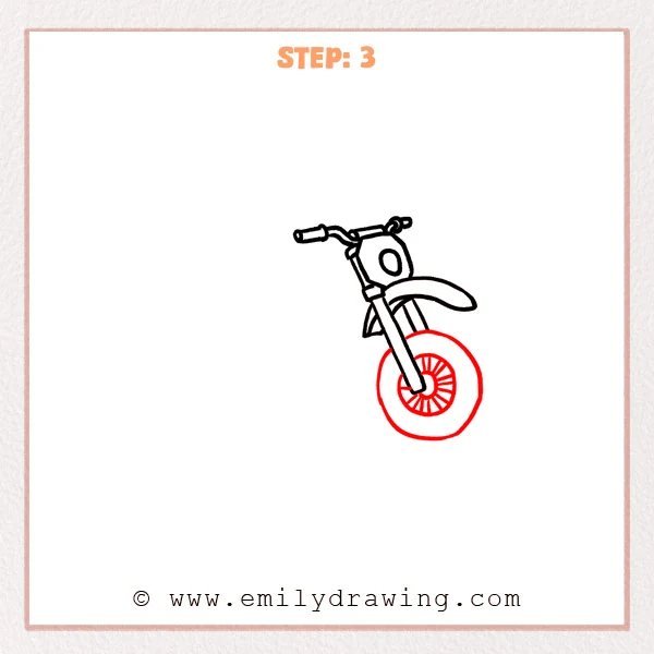 how to draw a dirt bike - Dirt bike Step 3 showing a large front tire, hub, and radiating spokes