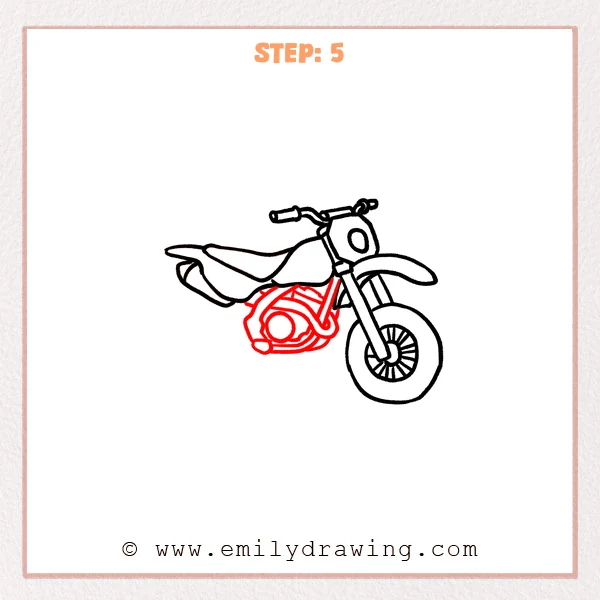 how to draw a dirt bike - Dirt bike Step 5 showing the engine, frame, and curved exhaust pipe