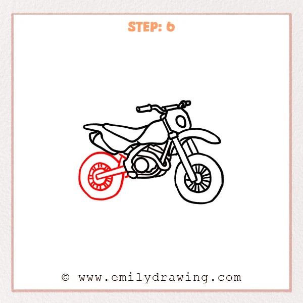 how to draw a dirt bike - Dirt bike Step 6 showing the rear tire, spokes, and connecting swingarm