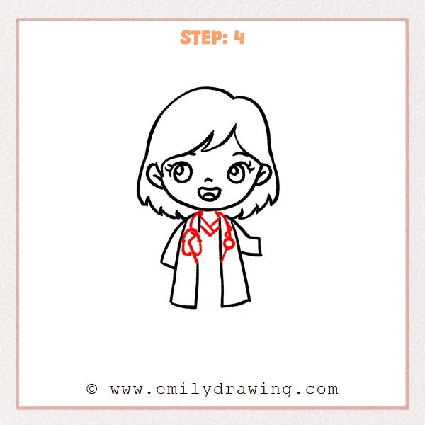 how to draw a doctor - Doctor Step 4 showing a V-neck shirt and stethoscope added to the coat