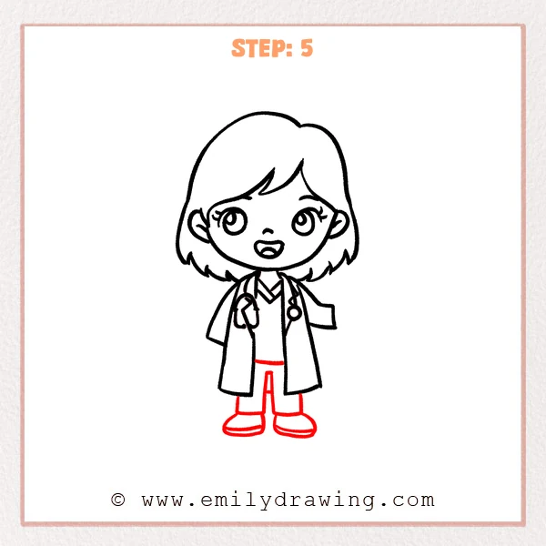how to draw a doctor - Doctor Step 5 showing trousers and rounded shoes beneath the lab coat