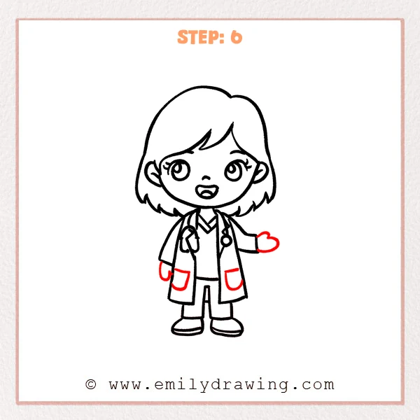 how to draw a doctor - Doctor Step 6 showing hands and two pockets completing the cartoon doctor