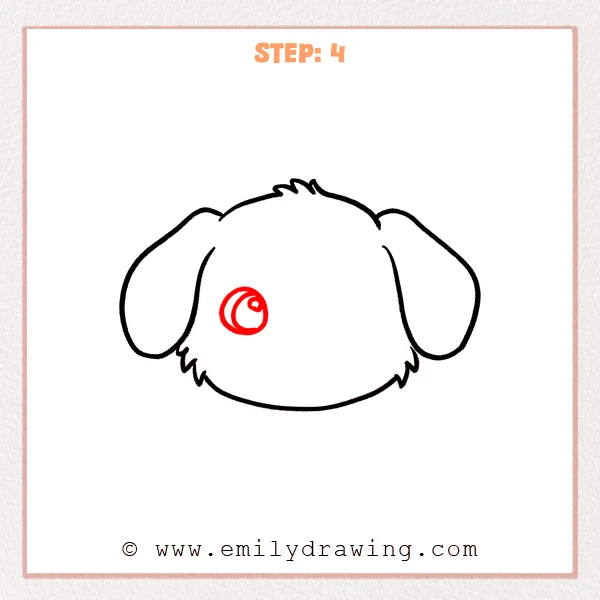 how to draw a dog face - Dog face Step 4 showing one large shining cartoon eye