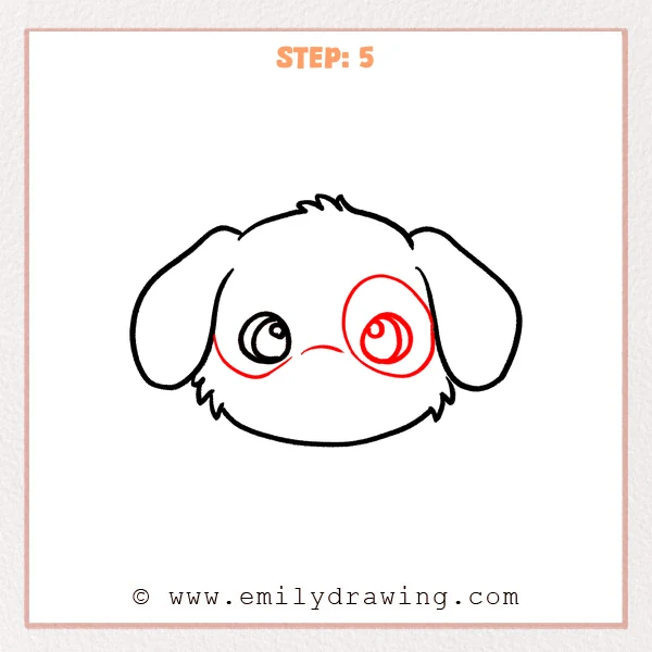 how to draw a dog face - Dog face Step 5 showing two eyes and an oval eye patch