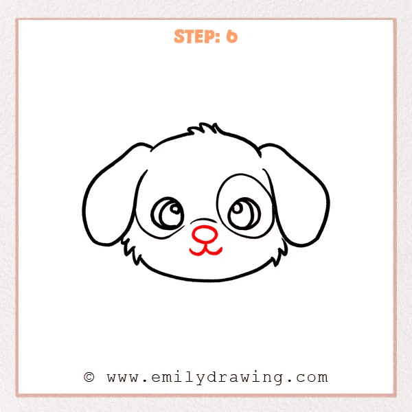 how to draw a dog face - Dog face Step 6 showing the nose and smiling mouth completing the puppy face