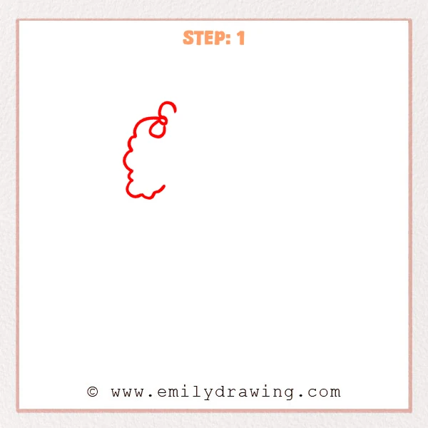 how to draw a doll - Doll Step 1 showing one curly hair section and a small bow