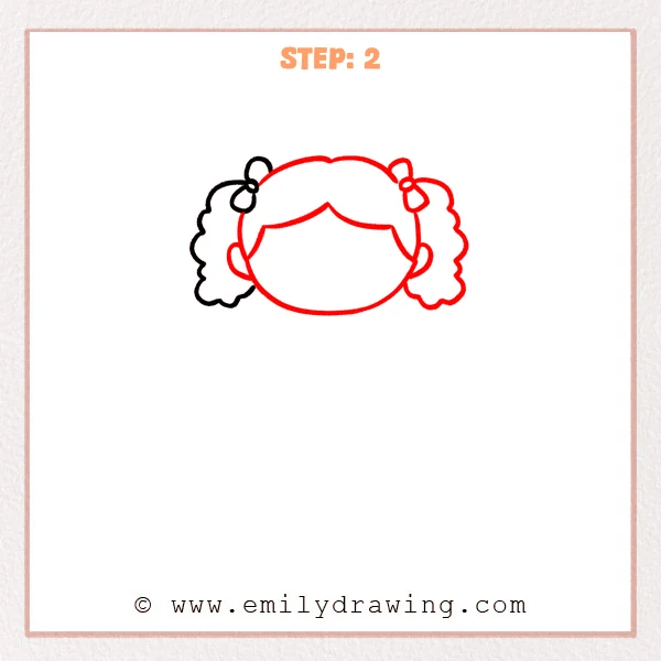 how to draw a doll - Doll Step 2 showing the full head, twin curls, bows, and blank face