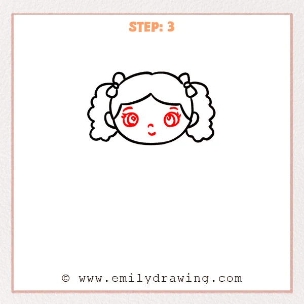 how to draw a doll - Doll Step 3 showing large eyes and a gentle smiling face