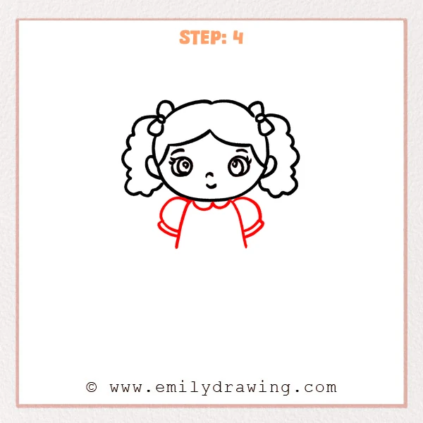 how to draw a doll - Doll Step 4 showing a collared bodice with two puff sleeves