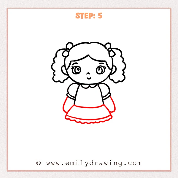 how to draw a doll - Doll Step 5 showing arms and a wide ruffled dress skirt