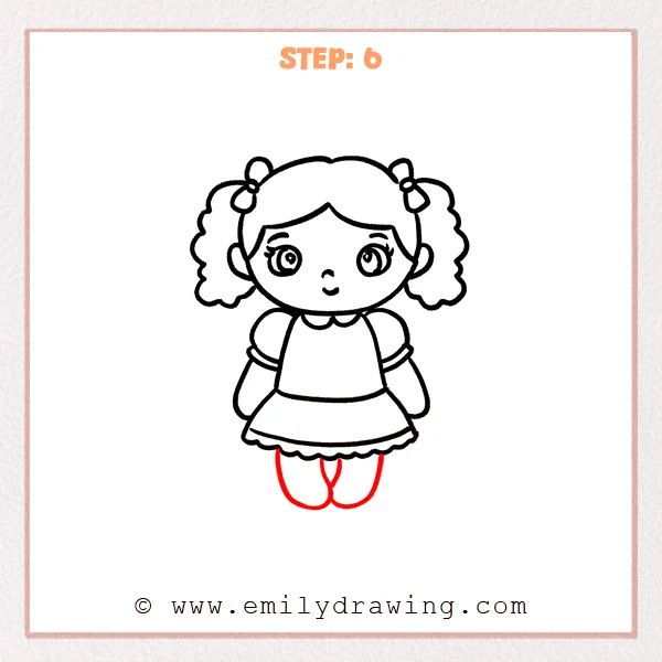 how to draw a doll - Doll Step 6 showing two short legs completing the dressed doll