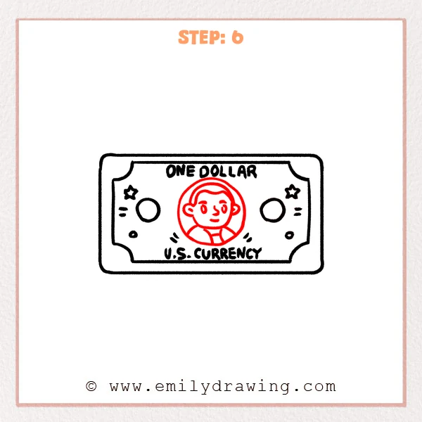 how to draw a dollar bill - Dollar bill Step 6 showing a central oval portrait completing the cartoon currency design