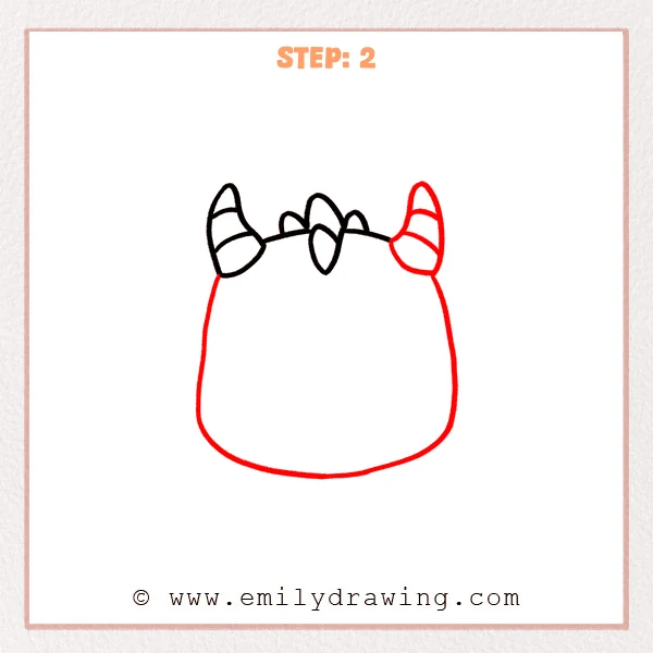how to draw a dragon head - Dragon head Step 2 showing paired horns and a large rounded face