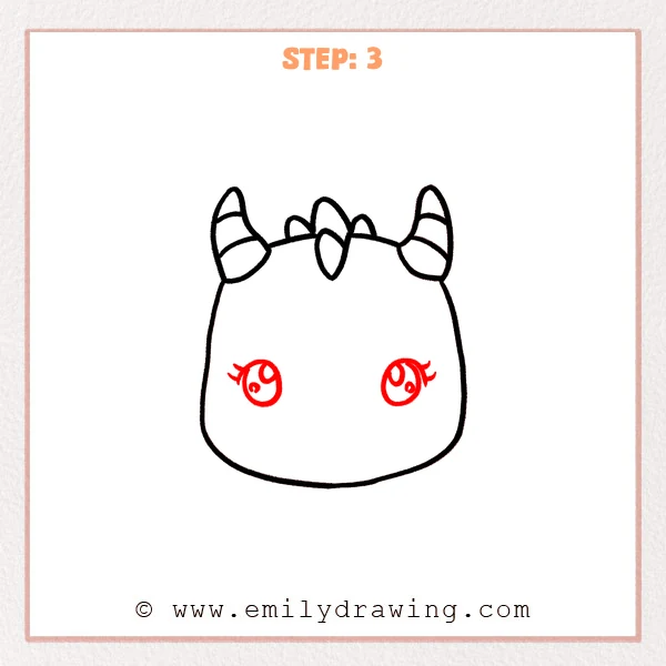 how to draw a dragon head - Dragon head Step 3 showing two sparkling eyes inside the face