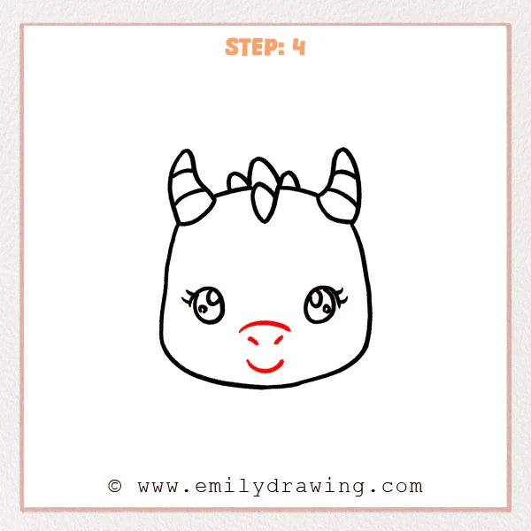 how to draw a dragon head - Dragon head Step 4 showing a simple snout, nostrils, and smile