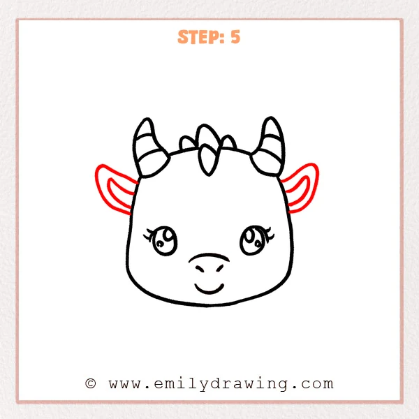 how to draw a dragon head - Dragon head Step 5 showing two pointed ears with inner contours