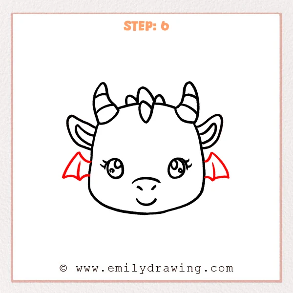 how to draw a dragon head - Dragon head Step 6 showing small side fins completing the cute dragon