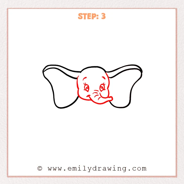 how to draw a dumbo - Dumbo Step 3 showing his face, eyes, cheeks, and curled trunk