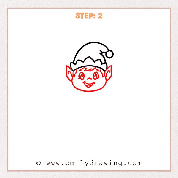 how to draw an elf on a shelf - Elf on a Shelf Step 2 showing a smiling face with hair and pointed ears
