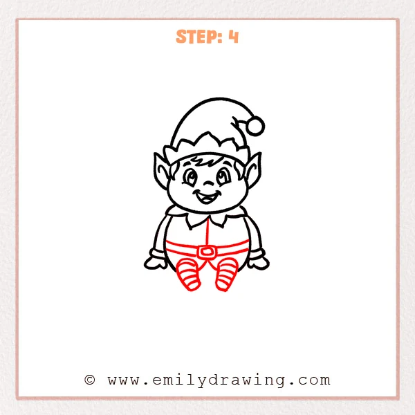 how to draw an elf on a shelf - Elf on a Shelf Step 4 showing a belt and two striped legs