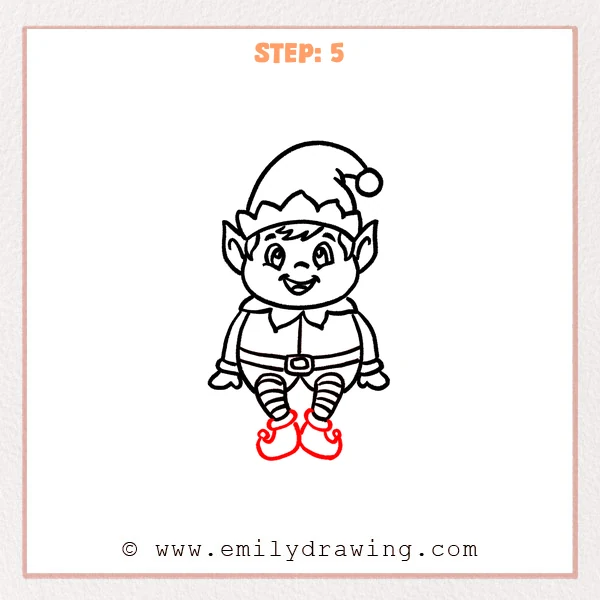 how to draw an elf on a shelf - Elf on a Shelf Step 5 showing two cuffed shoes with curled toes