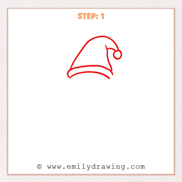 how to draw an elf - Elf Step 1 showing a tall floppy hat with a round pom-pom