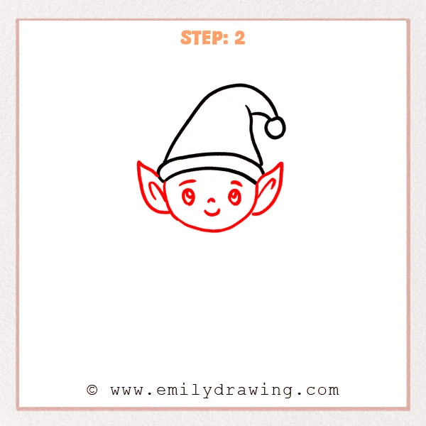 how to draw an elf - Elf Step 2 showing pointed ears and a smiling face below the hat