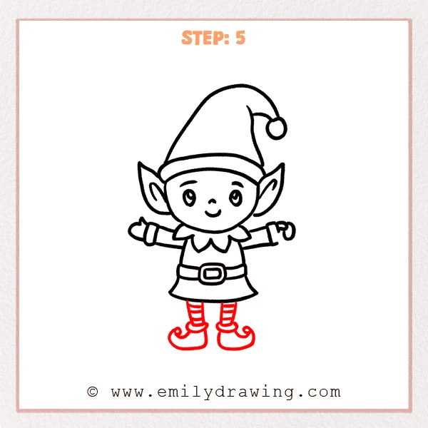 how to draw an elf - Elf Step 5 showing striped legs and curled pointed shoes