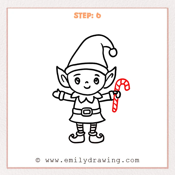 how to draw an elf - Elf Step 6 showing a striped candy cane completing the festive character
