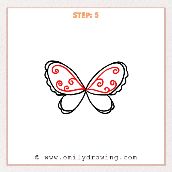 how to draw a fairy wings - Fairy wings Step 5 showing curling decorative patterns inside both upper wings