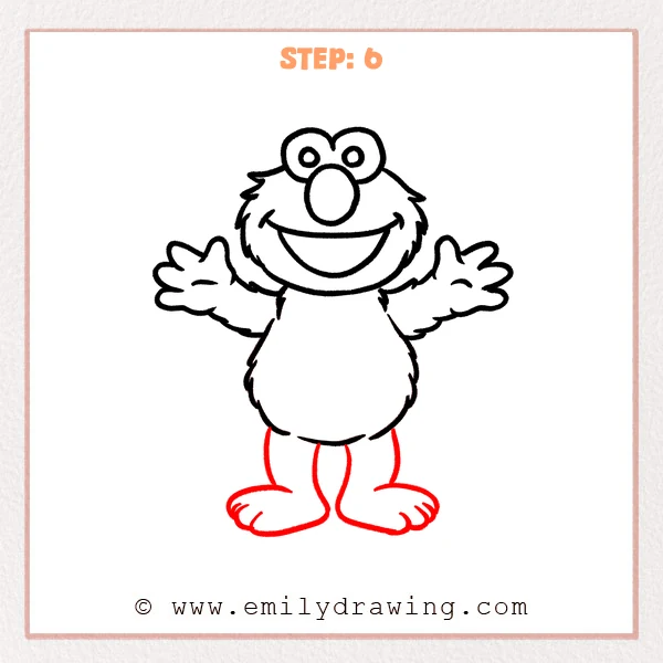how to draw an elmo - Elmo Step 6 showing short legs and large feet completing the character