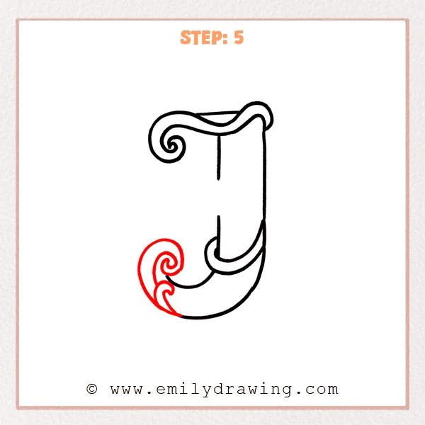 how to draw a fancy letter j - Fancy letter J Step 5 showing two ornamental spirals decorating the lower curve