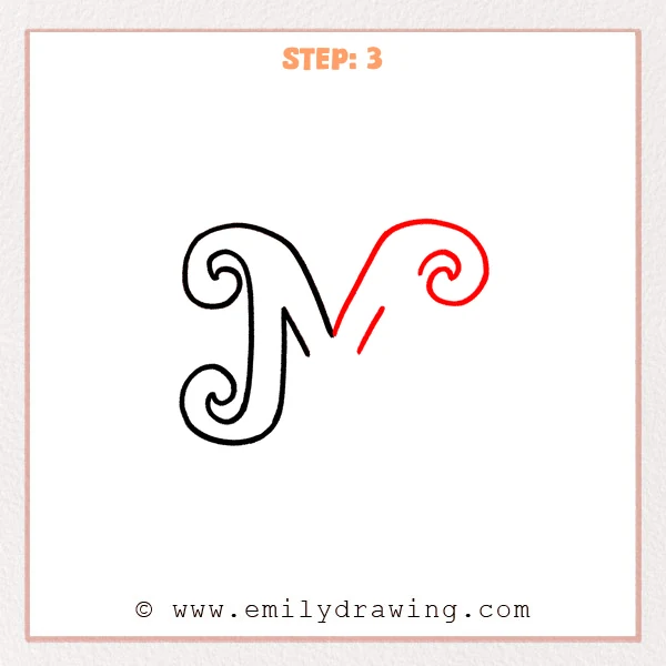 how to draw a fancy letter m - Fancy letter M Step 3 showing a mirrored upper right arch and spiral