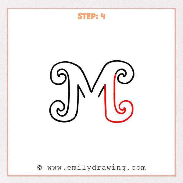 how to draw a fancy letter m - Fancy letter M Step 4 showing the completed right stem with a curled base
