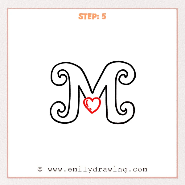 how to draw a fancy letter m - Fancy letter M Step 5 showing a highlighted heart inside the lower center