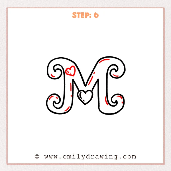 how to draw a fancy letter m - Fancy letter M Step 6 showing hearts and shine marks completing the ornate letter