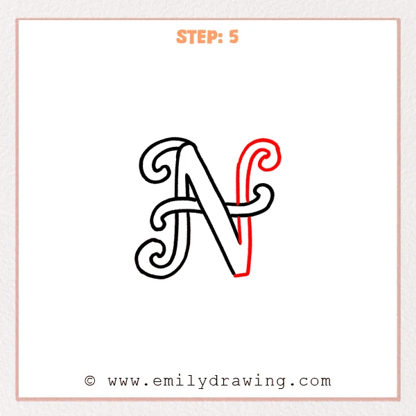 how to draw a fancy letter n - Fancy letter N Step 5 showing the tall curled right stem and closed base