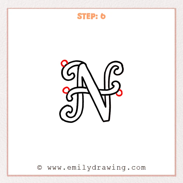 how to draw a fancy letter n - Fancy letter N Step 6 showing three round accents completing the ornate letter